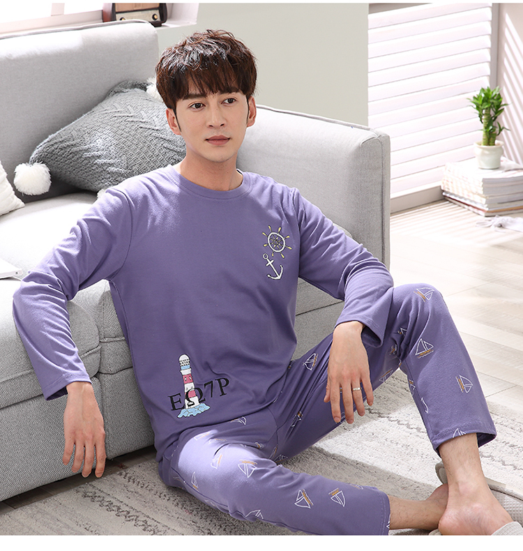 Bộ đồ ngủ nam dài tay cỡ lớn cotton mùa xuân thanh niên mùa thu và mùa đông mẫu cotton nam phục vụ nhà nam phù hợp với mùa xuân và mùa thu đồ bộ