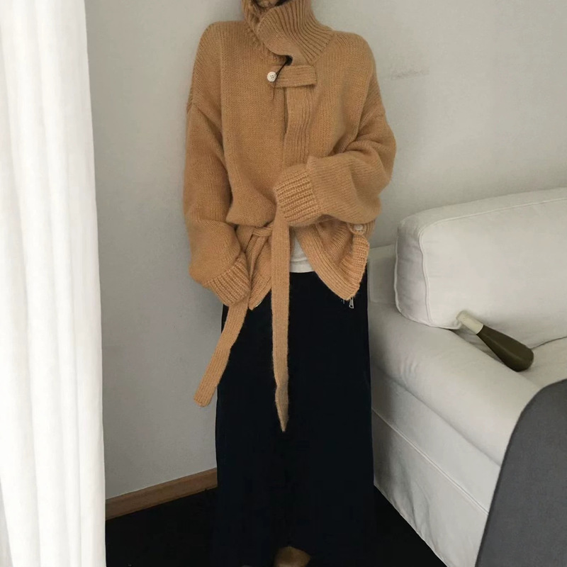 【Sweater-Style Oversized Jacket】Relaxed Fit with Stand-Up Collar and Convertible Lapels, Belt and Zipper, Oversized Sweater 【Sweater-Style Oversized Jacket】Relaxed Fit with Stand-Up Collar and Convertible Lapels, Belt and Zipper, Oversized Sweater