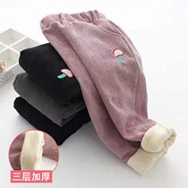 Korean girls plus velvet casual winter pants baby padded padded pants children corduroy high waist pants