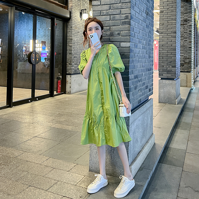 Avocado Green French Tea Break Dress for Women 2026 Summer New Casual Plus Size Loose Petite Dress