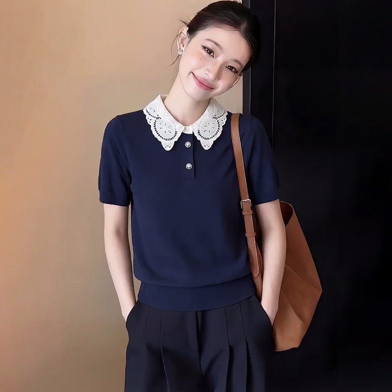Brand Clearance, Cut Label, Navy Blue French Retro Sweet Lapel Short-Sleeve T-Shirt for Women, Summer Lace Patchwork Top