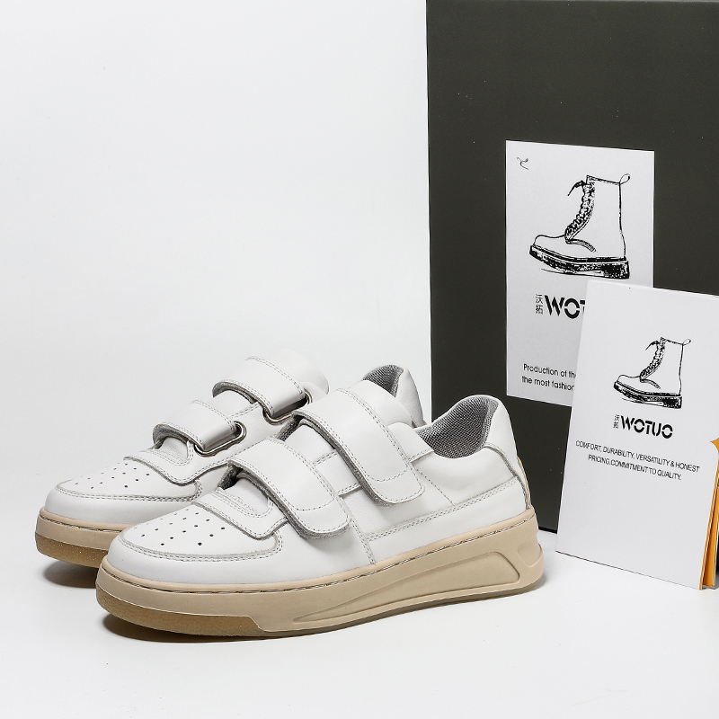 Wotuo Smiley White Sneakers with Velcro Straps, Height Increase of 5cm, Slip-On Shoes, Breathable Casual Sneakers, Versatile Genuine Leather