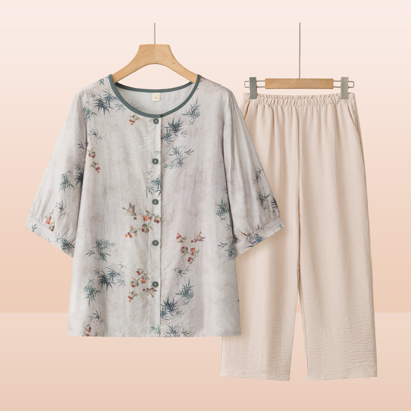 Middle-Aged and Elderly Women's Summer Cotton Silk Printed Round-Neck Cardigan Grandma Two-Piece Set Mother's Clothing Stylish Loose Suit