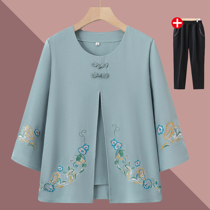 Grandma's Spring Tops, Middle-Aged and Elderly Women's Shirts, Mom's Spring and Autumn Stylish Chiffon Fake Two-Piece T-Shirts, Elderly Clothing