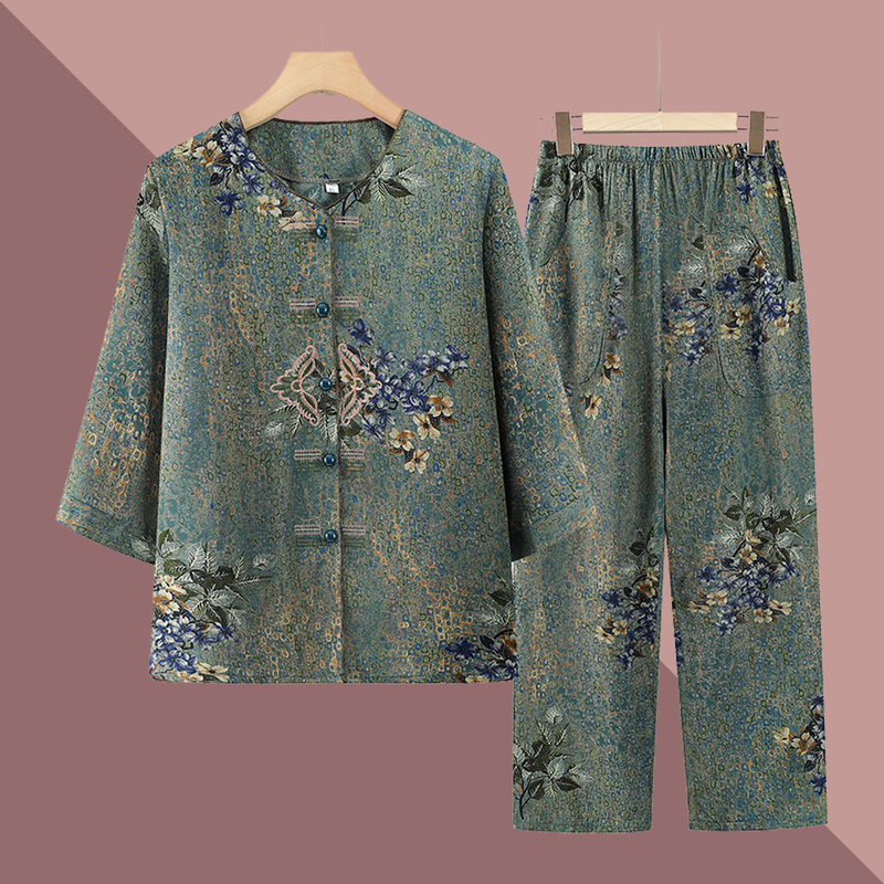 Summer Clothing Set for Elderly Women, 70-Year-Old Grandma, Pure Cotton Silk Mid-Sleeve Shirt, Elderly Lady, Mother, Home Two-Piece Set