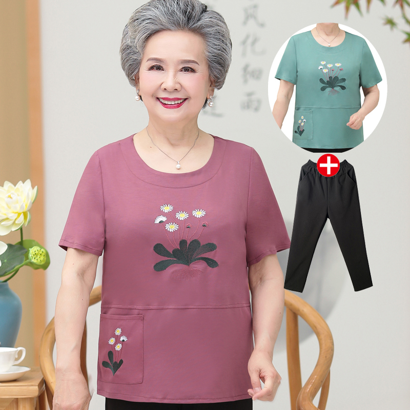 Summer Clothes for Middle-Aged and Elderly Women, 60-70 Year Old Grandma Clothes, All-Cotton Short-Sleeved T-Shirts, Elderly Clothes, Plus-Size Tops for Chubby Moms