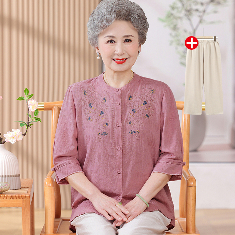 Mom's Summer Cotton and Linen Embroidered Round-Neck Shirt, Middle-Aged and Elderly Women's Short-Sleeved Loose-Fitting Belly-Covering Stylish Grandma Clothes, Thin Style