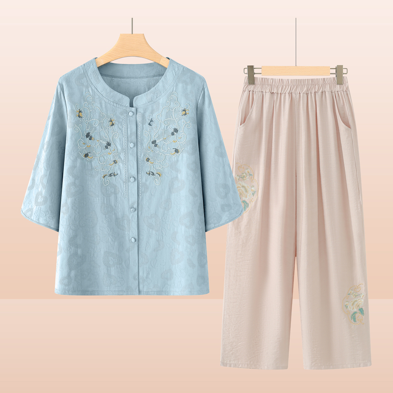 Grandma's Summer Cotton Shirt, Middle-Aged and Elderly Mother's Clothing, Embroidered Two-Piece Suit, Loose-Fitting Top for Old Ladies