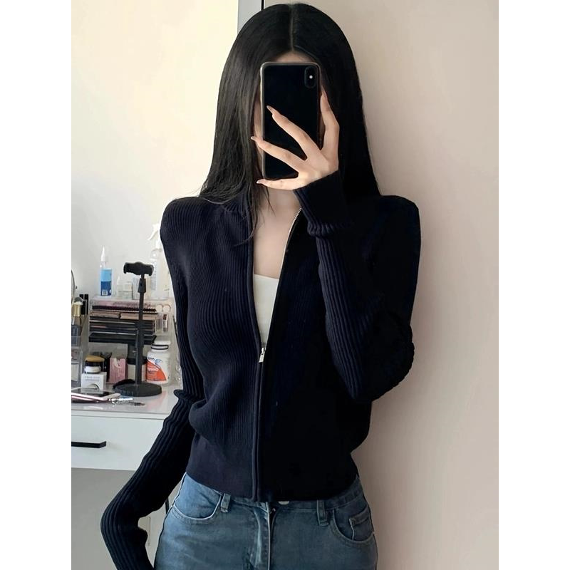 2025 Autumn/Winter Black Thickened Wool Knitted Base Cardigan for Women with Stand Collar and Zipper, Slimming Cashmere Sweater Jacket