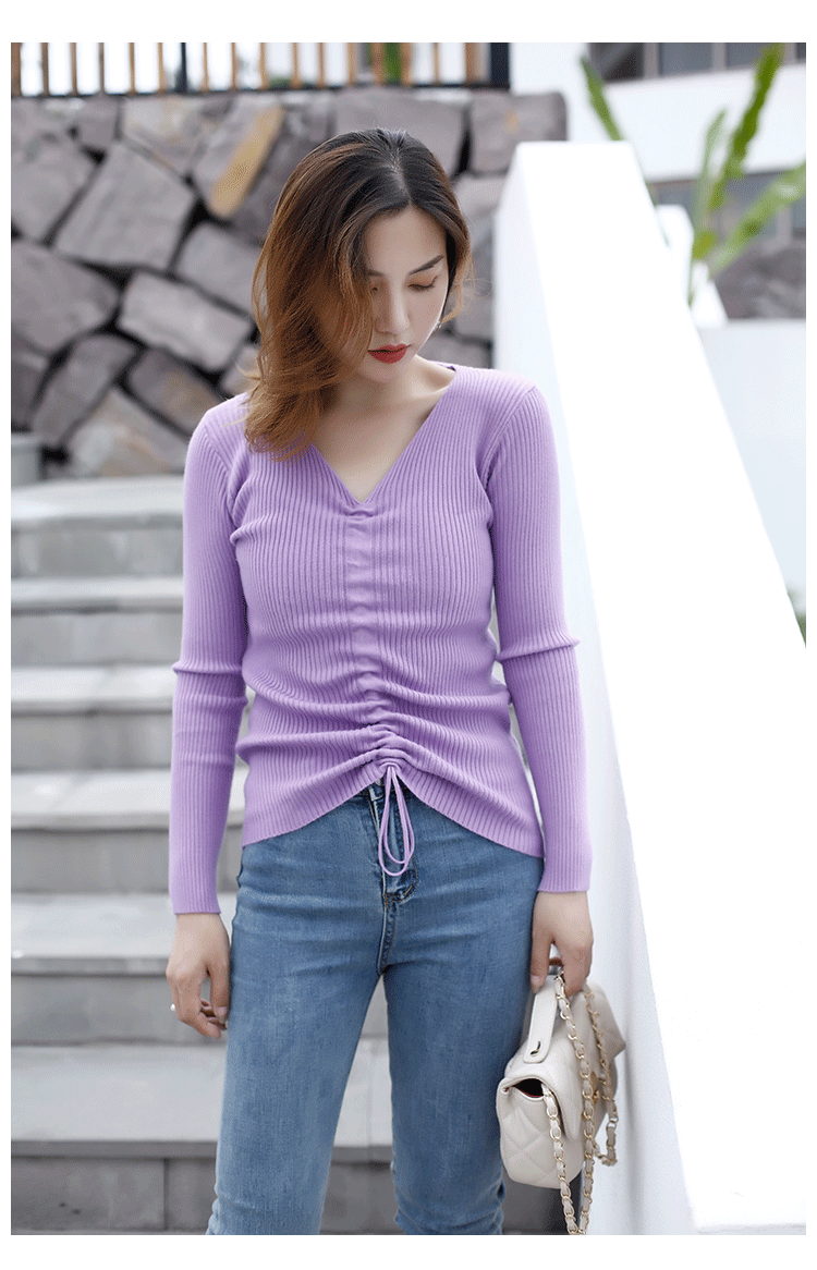 Mùa thu 2018 mới áo len cổ chữ V dây kéo đáy áo sơ mi nữ lười gió dài tay áo len mỏng áo len rộng top áo len nữ cổ cao