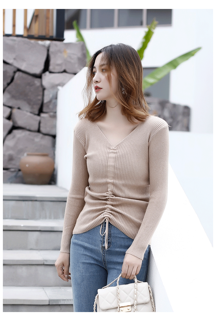 Mùa thu 2018 mới áo len cổ chữ V dây kéo đáy áo sơ mi nữ lười gió dài tay áo len mỏng áo len rộng top áo len nữ cổ cao