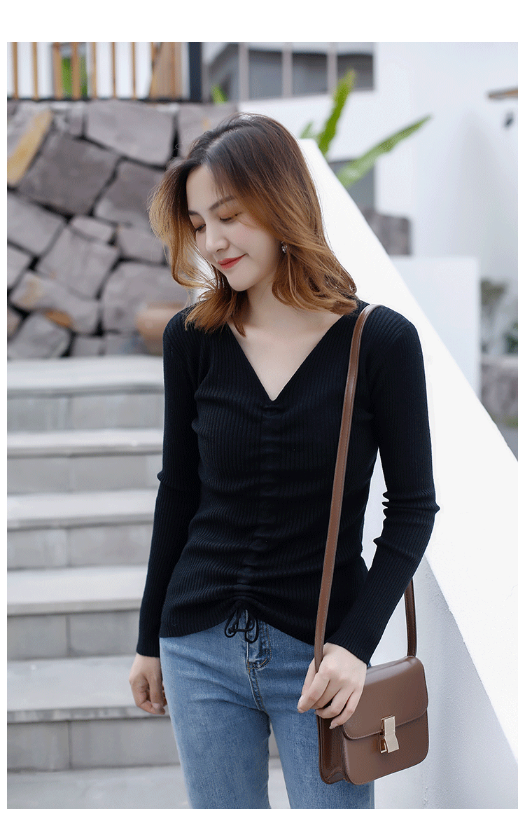 Mùa thu 2018 mới áo len cổ chữ V dây kéo đáy áo sơ mi nữ lười gió dài tay áo len mỏng áo len rộng top áo len nữ cổ cao