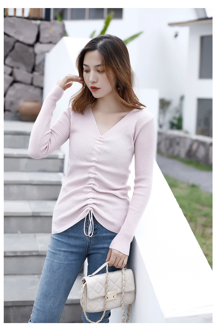 Mùa thu 2018 mới áo len cổ chữ V dây kéo đáy áo sơ mi nữ lười gió dài tay áo len mỏng áo len rộng top áo len nữ cổ cao