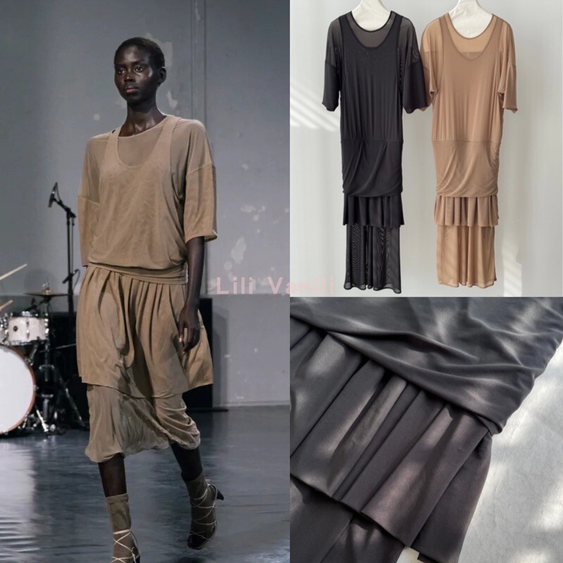 Dynamic, Cool, Charming and Comfortable ~ Show-Stopping Lem Double-Layer Skirt Design Dress with Mid-Sleeve Sheer Mid-Length Skirt