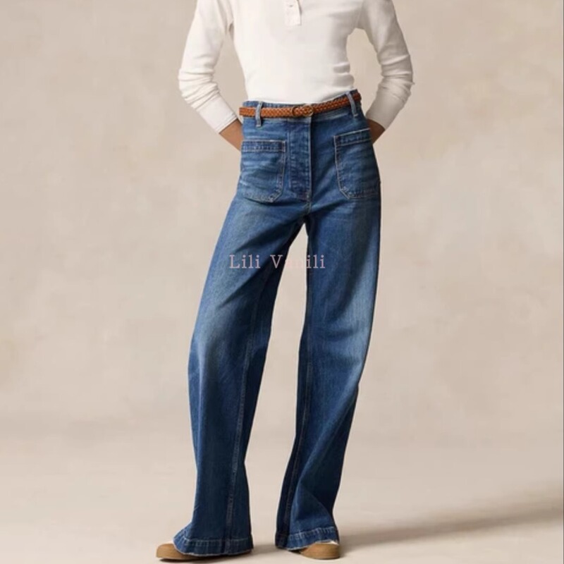R Brand Original Factory Vintage-Style Long-Leg Jeans ~ Turkish High-Waisted Stretchy Wide-Leg Straight Jeans, Slimming and Fashionable Long Pants