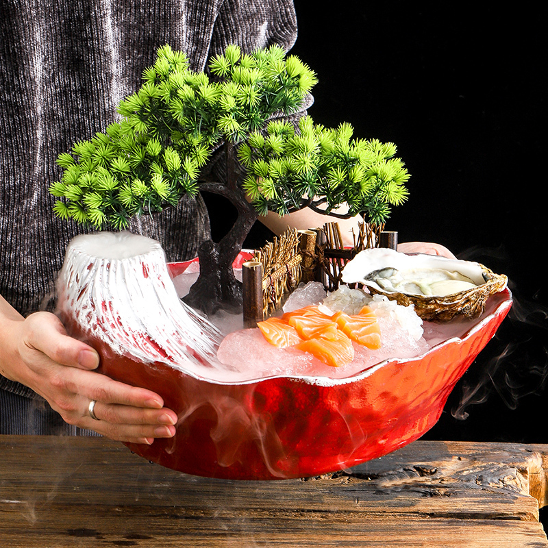Japanese-Style Mount Fuji Dry Ice Creative Tableware High-End Hot Pot Restaurant Barbecue and Wagyu Seafood Platter Salmon Sashimi Plate