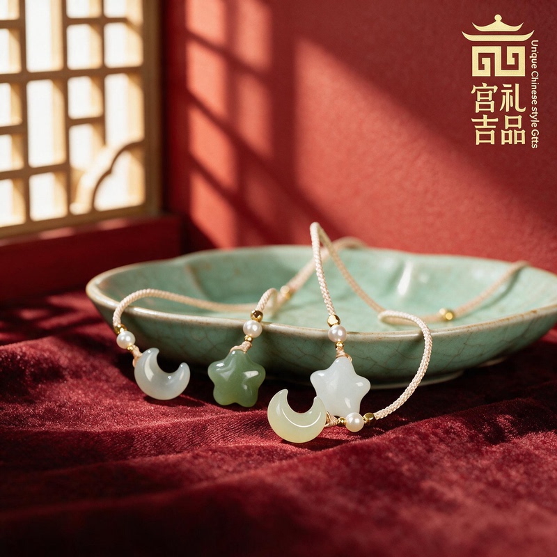 New Arrivals from the Forbidden City: Centennial Wood Hetian Jade Star and Moon Pendant Necklace, Natural Ancient-Style Jade Jewelry