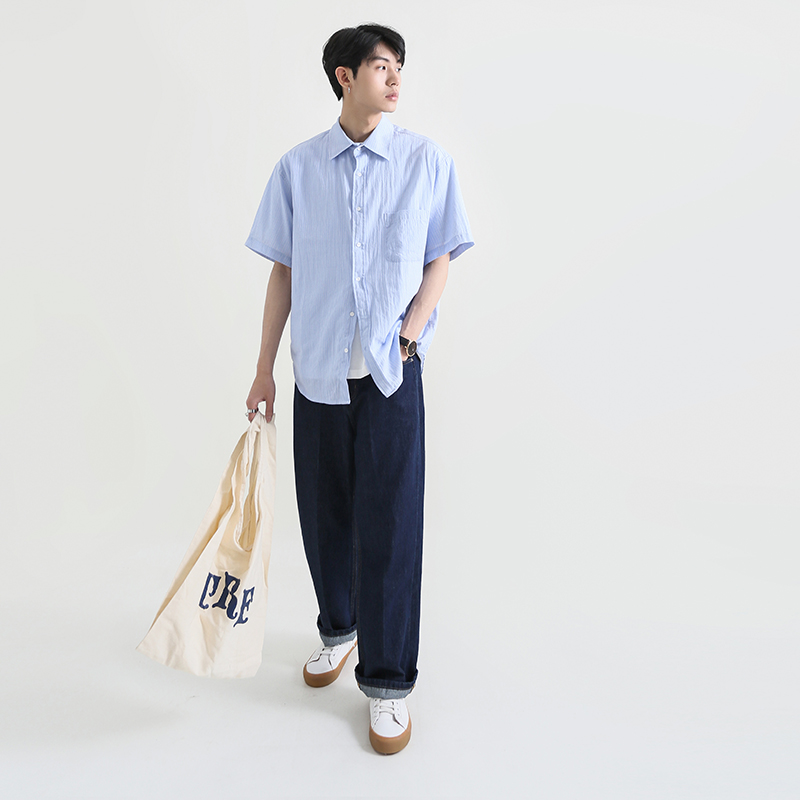 MOREFANS Korean version loose striped cotton thin short-sleeved light blue shirt summer men's trendy shirt