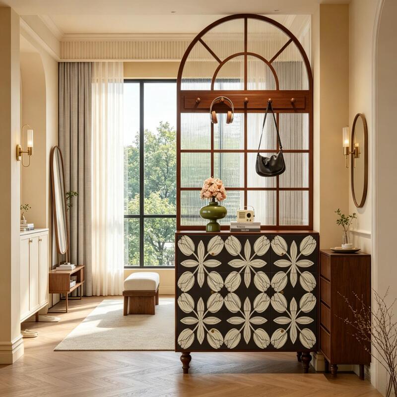 French-Style Vintage Solid Wood Screen with Long Rainbow Glass Partition, Living Room Storage Cabinet, Screen for Entryway and Storage