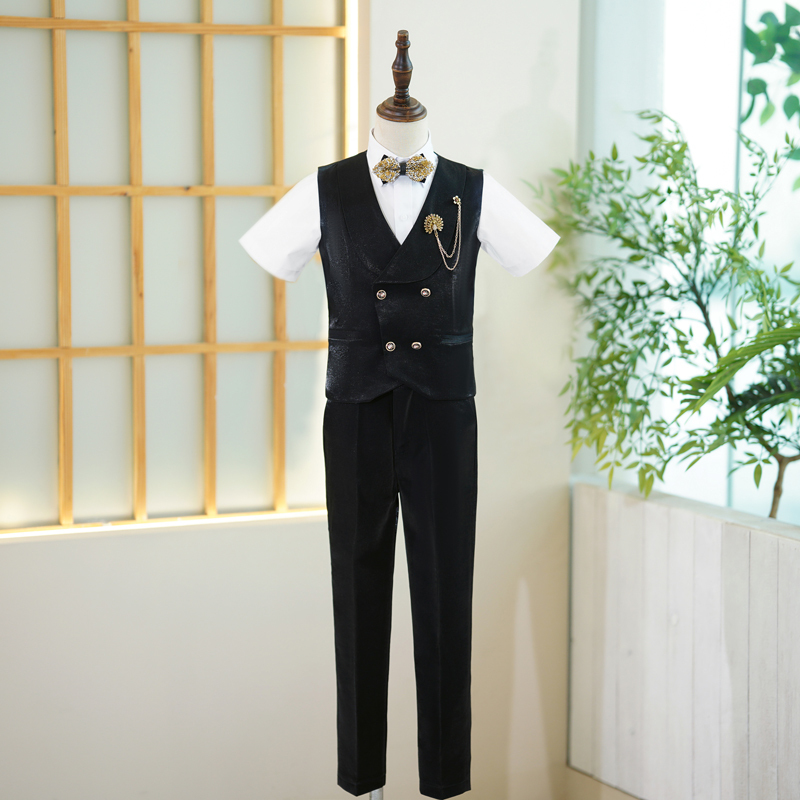 Boys' Formal Suit, High-End Short-Sleeved British Style Catwalk Flower Boy Dress, Boy's Piano Host Performance Suit
