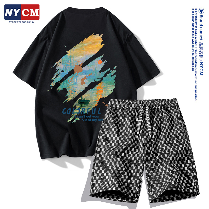 Trendy Brand Heavyweight Pure Cotton Loose Short-Sleeve T-Shirt for Men, 2026 Summer New Casual Sports Shorts Matching Set