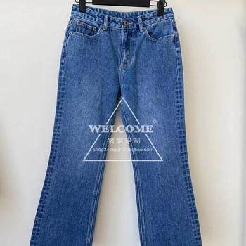 2025 New Versatile Letter Embroidered Straight-Leg Pure Cotton Loose Dark Blue Cropped Jeans with Ankle Exposure and Slight Flare