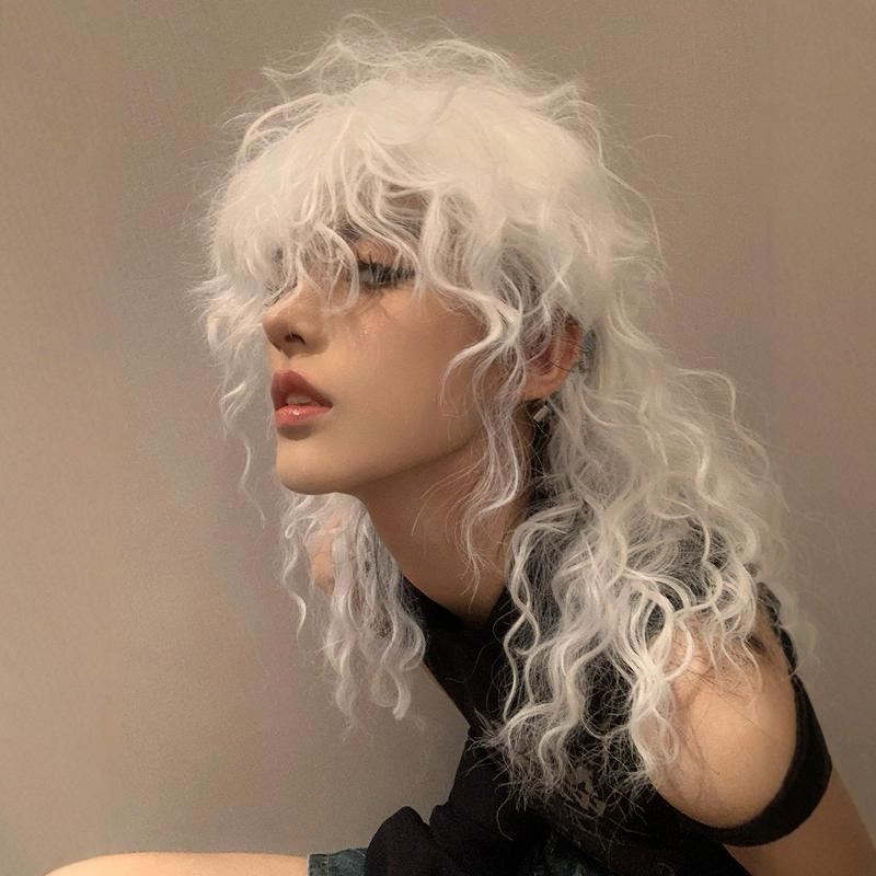 Little Snail European and American Style Super Cool and Stylish Halloween Little Devil White Wool Curly Full Head Medium-Length Wig Set