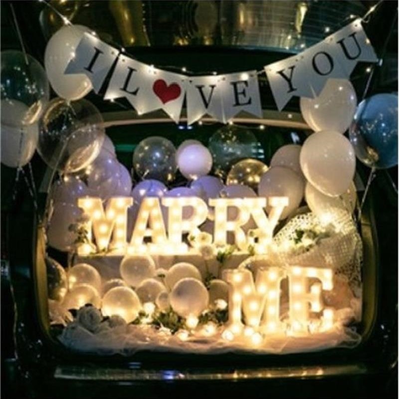 Backsuitcase romantic propose surprise arrangement decorated balloon candle lamp girlfriend proposal color lights creative petals