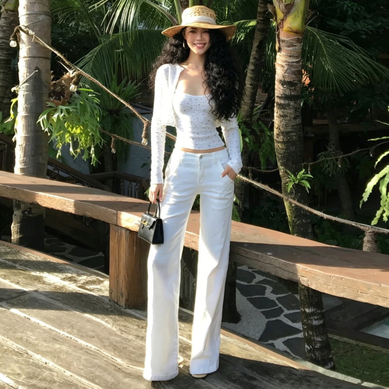 American-Style White Slim-Fit Stretch Straight-Leg Pants Tencel Lyocell Jeans for Women, Mid-High Waist, Slimming, Old Money Style Long Pants