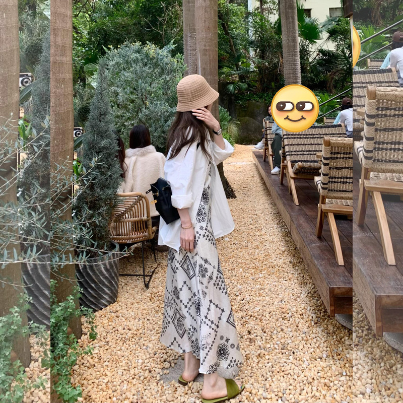 Unique and Beautiful Summer Two-Piece Outfit for Travel and Vacation, Linen White Shirt and Elegant Printed Strap Dress Set Unique and Beautiful Summer Two-Piece Outfit for Travel and Vacation, Linen White Shirt and Elegant Printed Strap Dress Set