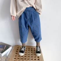 Bean Bag Monarch 21 Chunqiu Men and women Childrens baby Han Edition Tidal Van Retro Knee Patch Turnip 90% Pants Jeans Jeans