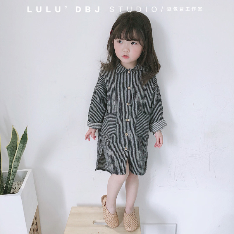 21 Spring and autumn men's and women's children's Korean version of the baby oversize simple retro Western school loose long version striped shirt tide