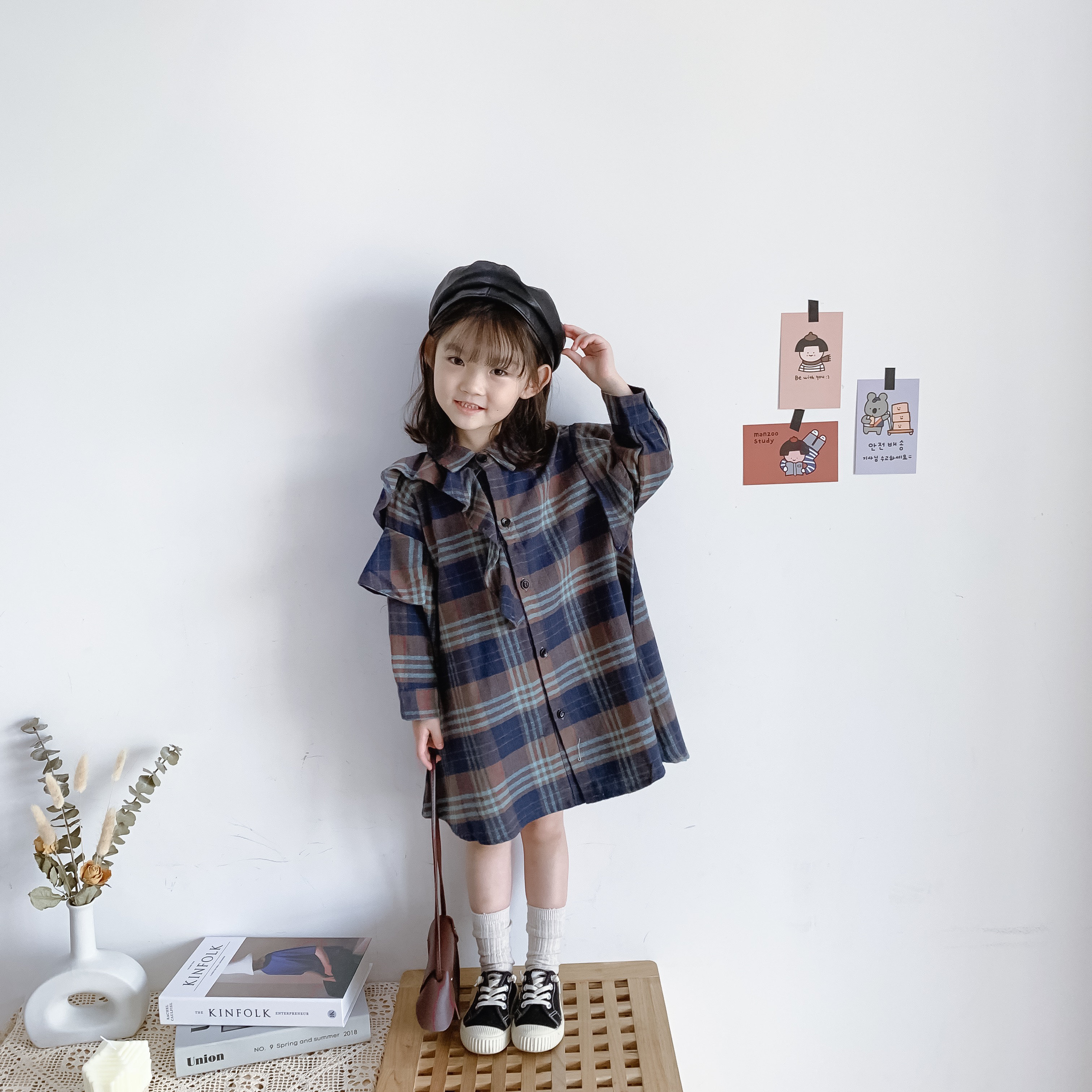 Doubao Jun 2023 Spring and Autumn Girls Baby Design Style Western Style Retro Plaid Brushed Shirt Dress Trendy