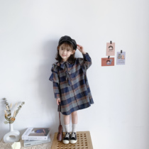 Bean Bag Monarch 2022 Spring and Autumn Girl Baby Design Subsection Foreign Air Retro checkered Mao Shirt Shirt Dress Damp