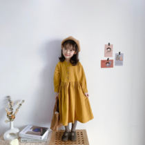 Bean Bag Monarch 2022 Chunqiu girl baby Han version cotton linen small fresh retro art Fanson tie with body dress damp