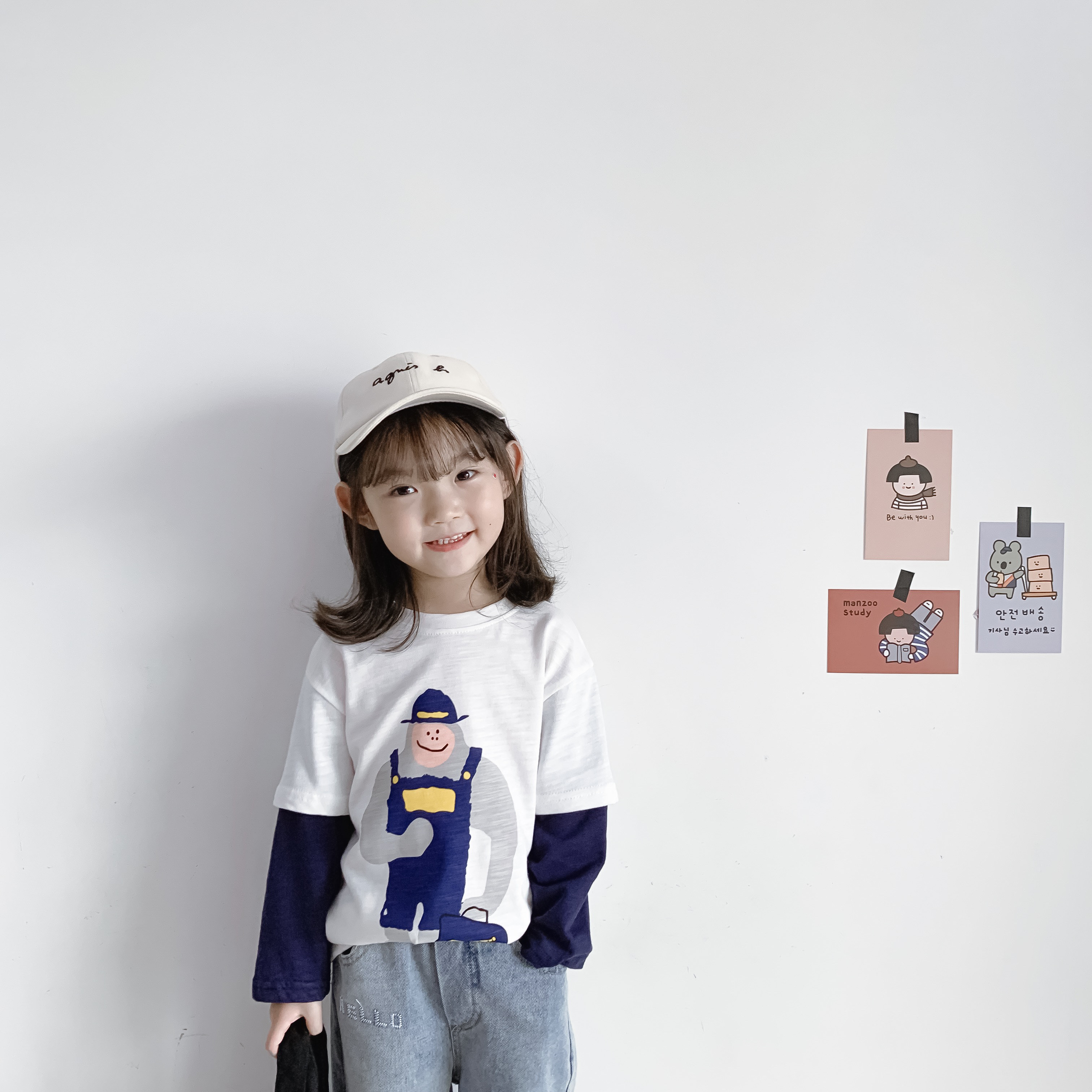 Bean Baujun 2020 Boy and Girls Baby Han Bamboo Festival Cotton Cartoon printing pattern fake two long sleeve T - shirt tide