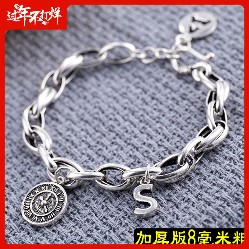 925 Sterling Silver Bracelet Female Japanese Korean Retro Thai Silver Alphabet Clock Bracelet Fashion Couple Model Girlfriend Gift Jewelry