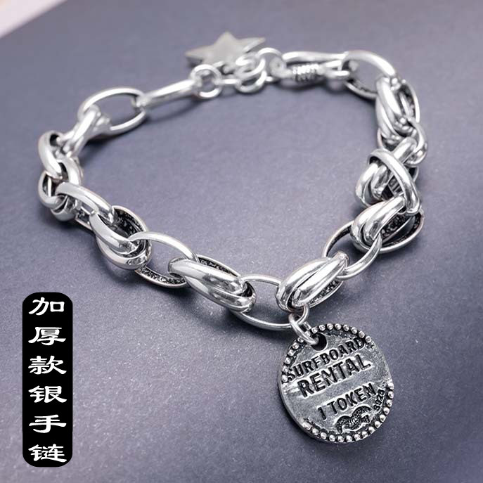 s925 pure silver hand condensed ancient Thai silver round plate letters pentagram male and female South Korean fashion 100 hitch stars silver decoration