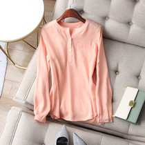 The face value is superior ~ summer summer light orange pink small pocket design tencel small round collar display slim long sleeve shirt lining