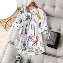 High quality trendy finish ~ European-style cool beauty portrait printed half-open flap small V collar short sleeve head real silk shirt female summer