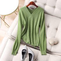 Autumn Winter Warm Meta-Pin Inserts Bright Silk Soft Unzal Double V Neckline Head Display Slim Wool Knit Cardiovert Sweater Woman
