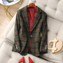 Retro trend ~ casual good with olive green grid a button slim thin shoulder wool suit jacket women Autumn