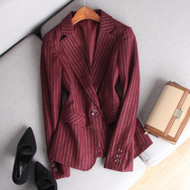 Fashionable degree just clip flower Stripe slim slim burgundy long sleeve wool suit jacket women