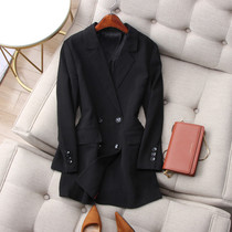 Delicate handsome gas second change of paper person ~ custom twill cotton linen with long and thin double-row button black western suit female summer