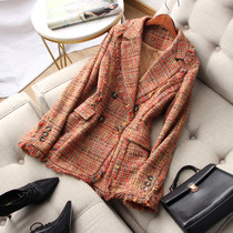 Famous Temperament Mao shall be embedded with bright silk coarse flowers big turnover double-row buttoned with suit jacket female autumn and winter new
