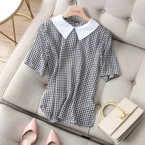 Retro-reduced-age Peter Pan collar slim fit Checkered Blouse Blouse Blouse Blouse Blouse Blouse Hood Short Sleeve Hooded summer