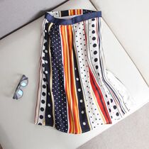 Summer Vitality Color Wave Dot Stripe Print Splicing Belt Mulberry Silk Real Silk Half Skirt Woman Summer Over Knee Long