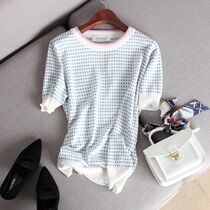 Summer reduction age comfort name Yuanyan Wind trim Edging Color Round Collar Slim box Short sleeves Knitted Sweatshirt With Slim T-shirt Thin Blouse