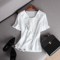 Summer New Pint ladies minus lotus leaf side design ~ short sleeves V necklace swarm with snow-spinning shirt blouses female new