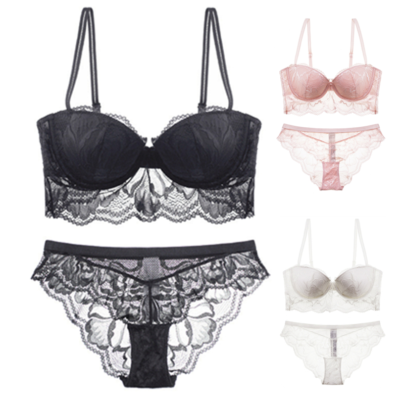 Out of Europe D ~ European fairy petals comfortable and soft half cup two points one thin lace steel ring underwear set